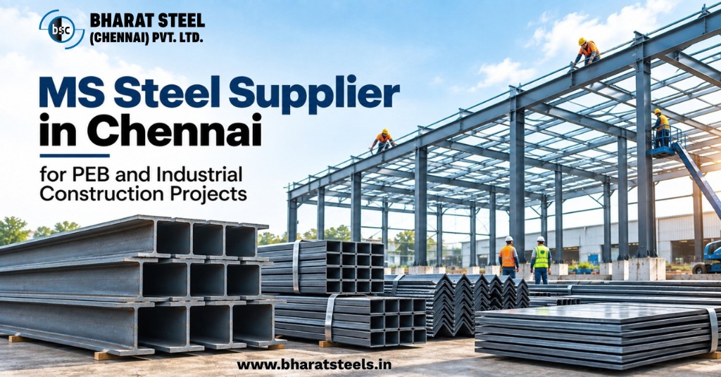 MS steel supplier in Chennai for PEB and industrial construction projects, featuring structural steel sections, beams, channels, angles and plates at an industrial construction site.